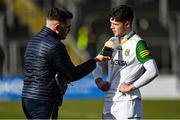 13 March 2022; Meath goalkeeper Harry Hogan is interviewed after the Allianz Football League Division 2 match between Meath and Cork at Páirc Táilteann in Navan, Meath. Photo by Brendan Moran/Sportsfile