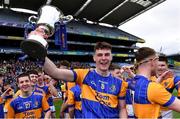 17 March 2022; Dara Crowley of Naas CBS celebrates with the cup after his side's victory in the Masita GAA Football All Ireland Post Primary Schools Hogan Cup Final match between Naas CBS, Kildare, and St Brendan's College Killarney, Kerry, at Croke Park in Dublin. Photo by Piaras Ó Mídheach/Sportsfile