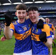 17 March 2022; Naas CBS players Tom McGrane, left, and Tim Ryan celebrate after their side's victory in the Masita GAA Football All Ireland Post Primary Schools Hogan Cup Final match between Naas CBS, Kildare, and St Brendan's College Killarney, Kerry, at Croke Park in Dublin. Photo by Piaras Ó Mídheach/Sportsfile