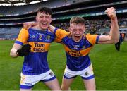 17 March 2022; Naas CBS players Tim Ryan, left, and Gavin Thompson celebrate after their side's victory in the Masita GAA Football All Ireland Post Primary Schools Hogan Cup Final match between Naas CBS, Kildare, and St Brendan's College Killarney, Kerry, at Croke Park in Dublin. Photo by Piaras Ó Mídheach/Sportsfile