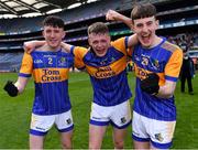17 March 2022; Naas CBS players, from left, Tim Ryan, Gavin Thompson and Tom McGrane celebrate after their side's victory in the Masita GAA Football All Ireland Post Primary Schools Hogan Cup Final match between Naas CBS, Kildare, and St Brendan's College Killarney, Kerry, at Croke Park in Dublin. Photo by Piaras Ó Mídheach/Sportsfile