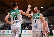 27 February 2022; Ireland captain Kyle Hosford high fives teammate Cian Heaphy as he is introduced before the FIBA EuroBasket 2025 Pre-Qualifiers First Round Group A match between Ireland and Cyprus at the National Basketball Arena in Tallaght, Dublin. Photo by Brendan Moran/Sportsfile