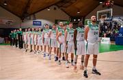 27 February 2022; The Ireland team stand for Amhrán na bhFiann before the FIBA EuroBasket 2025 Pre-Qualifiers First Round Group A match between Ireland and Cyprus at the National Basketball Arena in Tallaght, Dublin. Photo by Brendan Moran/Sportsfile