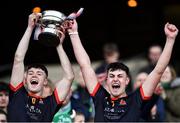 17 March 2022; Ardscoil Rís joint-captains Shane O'Brien, left, and Vince Harrington lift the cup after their side's victory in the Masita GAA Hurling All Ireland Post Primary Schools Croke Cup Final match between Ardscoil Rís, Limerick, and St Kieran’s College, Kilkenny, at Croke Park in Dublin. Photo by Piaras Ó Mídheach/Sportsfile