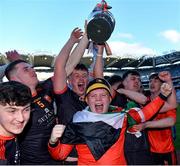 17 March 2022; Ardscoil Rís goalkeeper Seimí Gully, centre, celebrates with teammates after their victory in the Masita GAA Hurling All Ireland Post Primary Schools Croke Cup Final match between Ardscoil Rís, Limerick, and St Kieran’s College, Kilkenny, at Croke Park in Dublin. Photo by Piaras Ó Mídheach/Sportsfile