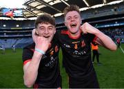 17 March 2022; Ardscoil Rís players Sam Hickey, left, and JJ Carey celebrate after their side's victory in the Masita GAA Hurling All Ireland Post Primary Schools Croke Cup Final match between Ardscoil Rís, Limerick, and St Kieran’s College, Kilkenny, at Croke Park in Dublin. Photo by Piaras Ó Mídheach/Sportsfile