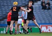 17 March 2022; Ardscoil Rís players Fintan Fitzgerald, right, and Jack Golden celebrate after their side's victory in the Masita GAA Hurling All Ireland Post Primary Schools Croke Cup Final match between Ardscoil Rís, Limerick, and St Kieran’s College, Kilkenny, at Croke Park in Dublin. Photo by Piaras Ó Mídheach/Sportsfile