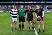 17 March 2022; Referee Thomas Walsh with St Kieran's College captain Conor Cody and Ardscoil Rís joint-captains Vince Harrington, 7, and Shane O'Brien before the Masita GAA Hurling All Ireland Post Primary Schools Croke Cup Final match between Ardscoil Rís, Limerick, and St Kieran’s College, Kilkenny, at Croke Park in Dublin. Photo by Piaras Ó Mídheach/Sportsfile