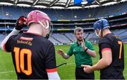 17 March 2022; Referee Thomas Walsh with Ardscoil Rís joint-captains Shane O'Brien, 10, and Vince Harrington before the Masita GAA Hurling All Ireland Post Primary Schools Croke Cup Final match between Ardscoil Rís, Limerick, and St Kieran’s College, Kilkenny, at Croke Park in Dublin. Photo by Piaras Ó Mídheach/Sportsfile