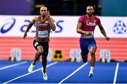 18 March 2022; Damian Warner of Canada, left, and Garrett Scantling of USA, competing in the 60m of the men's Heptathlon during day one of the World Indoor Athletics Championships at the Štark Arena in Belgrade, Serbia. Photo by Sam Barnes/Sportsfile