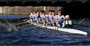 18 March 2022; The UCD team, from right, Nina O'Grady, cox, Luke Dunleavy, stroke, Niall McMahon, Tom Rafter, Brendan Saunders, Finn Meere, Jack Rowland, Samuel Devlin and Sam Whelan, bow, competing in the Dan Quinn Shield during the Annual Colours Boat Races between UCD and Trinity on the River Liffey in Dublin. Photo by Piaras Ó Mídheach/Sportsfile