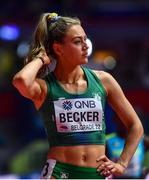 18 March 2022; Sophie Becker of Ireland before competing in the women's 400m heats during day one of the World Indoor Athletics Championships at the Štark Arena in Belgrade, Serbia. Photo by Sam Barnes/Sportsfile