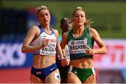 18 March 2022; Sophie Becker of Ireland, right, competing in the women's 400m heats, alongside Jessie Knight of Great Britain during day one of the World Indoor Athletics Championships at the Štark Arena in Belgrade, Serbia. Photo by Sam Barnes/Sportsfile