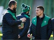 18 March 2022; Andrew Conway, right, speaks to head coach Andy Farrell during the Ireland captain's run at Aviva Stadium in Dublin. Photo by Brendan Moran/Sportsfile