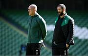 18 March 2022; Head coach Andy Farrell with forwards coach Paul O'Connell, left, during the Ireland captain's run at Aviva Stadium in Dublin. Photo by Brendan Moran/Sportsfile