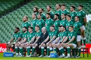 18 March 2022; The Ireland team, back row from left, Mack Hansen, Jamison Gibson Park, Rob Herring, James Lowe, Dan Sheehan, Joey Carbery and Hugo Keenan, with middle row, from left, Finlay Bealham, Kieran Treadwell, Tadhg Beirne, Iain Henderson, Caelan Doris, Jack Conan, Josh van der Flier and Dave Kilcoyne, and, front row, from left, Bundee Aki, Robbie Henshaw, Tadhg Furlong, Jonathan Sexton, IRFU president Des Kavanagh, Peter O’Mahony, Conor Murray, Cian Healy and Garry Ringrose stand for their team photograph before their captain's run at Aviva Stadium in Dublin. Photo by Brendan Moran/Sportsfile