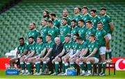 18 March 2022; IRFU president Des Kavanagh, captain Jonathan Sexton and the rest of the Ireland squad take their positions for the traditional team photograph before their captain's run at Aviva Stadium in Dublin. Photo by Brendan Moran/Sportsfile