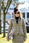 18 March 2022; Racegoer Danielle McSorley from Newcastle, Co Dublin whose outfit was put together by 6 year old Odhran Riley from Straffan, Kildare during day four of the Cheltenham Racing Festival at Prestbury Park in Cheltenham, England. Photo by David Fitzgerald/Sportsfile