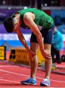 18 March 2022; Darragh McElhinney of Ireland reacts after competing in the men's 3000m during day one of the World Indoor Athletics Championships at the Štark Arena in Belgrade, Serbia. Photo by Sam Barnes/Sportsfile