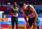 18 March 2022; Darragh McElhinney of Ireland reacts after competing in the men's 3000m during day one of the World Indoor Athletics Championships at the Štark Arena in Belgrade, Serbia. Photo by Sam Barnes/Sportsfile