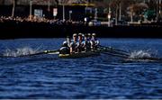 18 March 2022; The UCD team, from left, Robin Keane, cox, Fintan Earley, stroke, Niall Herlihy, Andrew Kelly, Thomas Bedford, David Somers, Andrew Carroll, Michael Campion and Sam Daly, bow, on their way to defeating Trinity in the Gannon Cup during the Annual Colours Boat Races between UCD and Trinity on the River Liffey in Dublin. Photo by Piaras Ó Mídheach/Sportsfile