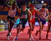18 March 2022; Athlete from left, Isaac Kimeli of Belgium, Darragh McElhinney of Ireland, Jordan Gusman of Malta and Marc Scott of Great Britain jostle for position whilst competing in the men's 3000m during day one of the World Indoor Athletics Championships at the Štark Arena in Belgrade, Serbia. Photo by Sam Barnes/Sportsfile