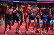 18 March 2022; Athlete from left, Isaac Kimeli of Belgium, Darragh McElhinney of Ireland, Jordan Gusman of Malta, Marc Scott of Great Britain, and Ossama Meslek of Italy jostle for position whilst competing in the men's 3000m during day one of the World Indoor Athletics Championships at the Štark Arena in Belgrade, Serbia. Photo by Sam Barnes/Sportsfile