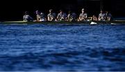 18 March 2022; The Trinity team, from left, Rowan Hamilton, cox, Tadhg McKnight, stroke, Tom Stevens, Alfie Hales, Tiarnan McKnight, Ronan Brennan, Charlie Nordin, MacDara Allison and Julian Schneider, bow, after losing out to UCD in the Gannon Cup during the Annual Colours Boat Races between UCD and Trinity on the River Liffey in Dublin. Photo by Piaras Ó Mídheach/Sportsfile