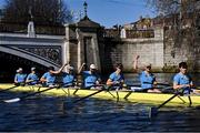 18 March 2022; The UCD team members, from right, Fintan Earley, stroke, Niall Herlihy, Andrew Kelly, Thomas Bedford, David Somers, Andrew Carroll, Michael Campion and Sam Daly, bow, celebrate after defeating Trinity in the Gannon Cup during the Annual Colours Boat Races between UCD and Trinity on the River Liffey in Dublin. Photo by Piaras Ó Mídheach/Sportsfile