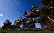 18 March 2022; Runners and riders jump the last fence, first time round, during the JCB Triumph Hurdle during day four of the Cheltenham Racing Festival at Prestbury Park in Cheltenham, England. Photo by David Fitzgerald/Sportsfile