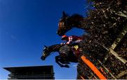 18 March 2022; Fil Dor, with Davy Russell up, jump the last, first time round, during the JCB Triumph Hurdle during day four of the Cheltenham Racing Festival at Prestbury Park in Cheltenham, England. Photo by David Fitzgerald/Sportsfile