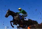 18 March 2022; Farout, with Brian Hayes up, jump the last, first time round, during the McCoy Contractors County Handicap Hurdle on day four of the Cheltenham Racing Festival at Prestbury Park in Cheltenham, England. Photo by David Fitzgerald/Sportsfile