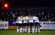 14 March 2022; Dundalk players huddle before the SSE Airtricity League Premier Division match between Dundalk and Shamrock Rovers at Oriel Park in Dundalk, Louth. Photo by Ben McShane/Sportsfile