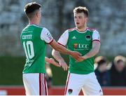 18 March 2022; Cian Bargary of Cork City, right, celebrates after scoring his side's third goal with team-mate Barry Coffey during the SSE Airtricity League First Division match between Treaty United and Cork City at Markets Field in Limerick. Photo by Michael P Ryan/Sportsfile