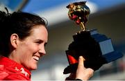 18 March 2022; Rachael Blackmore celebrates with the Gold Cup after winning the Boodles Cheltenham Gold Cup Chase aboard A Plus Tard during day four of the Cheltenham Racing Festival at Prestbury Park in Cheltenham, England. Photo by Seb Daly/Sportsfile