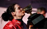 18 March 2022; Rachael Blackmore kisses the Gold Cup after winning the Boodles Cheltenham Gold Cup Chase aboard A Plus Tard during day four of the Cheltenham Racing Festival at Prestbury Park in Cheltenham, England. Photo by David Fitzgerald/Sportsfile