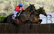 18 March 2022; A Plus Tard, with Rachael Blackmore up, left, leads eventual second placed Minella Indo, with Robbie Power up, over the last on their way to winning the Boodles Cheltenham Gold Cup Chase during day four of the Cheltenham Racing Festival at Prestbury Park in Cheltenham, England. Photo by David Fitzgerald/Sportsfile