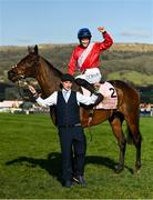 18 March 2022; Rachael Blackmore aboard A Plus Tard, and groom John Ferguson celebrate after winning the Boodles Cheltenham Gold Cup Chase during day four of the Cheltenham Racing Festival at Prestbury Park in Cheltenham, England. Photo by Seb Daly/Sportsfile Photo by Seb Daly/Sportsfile