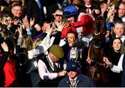 18 March 2022; Rachael Blackmore celebrates aboard A Plus Tard after winning the Boodles Cheltenham Gold Cup Chase during day four of the Cheltenham Racing Festival at Prestbury Park in Cheltenham, England. Photo by Seb Daly/Sportsfile