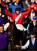 18 March 2022; Rachael Blackmore celebrates aboard A Plus Tard after winning the Boodles Cheltenham Gold Cup Chase during day four of the Cheltenham Racing Festival at Prestbury Park in Cheltenham, England. Photo by Seb Daly/Sportsfile