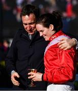 18 March 2022; Rachael Blackmore celebrates with trainer Henry de Bromhead after winning the Boodles Cheltenham Gold Cup Chase aboard A Plus Tard during day four of the Cheltenham Racing Festival at Prestbury Park in Cheltenham, England. Photo by David Fitzgerald/Sportsfile