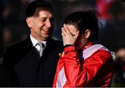 18 March 2022; Rachael Blackmore celebrates with trainer Henry de Bromhead after winning the Boodles Cheltenham Gold Cup Chase aboard A Plus Tard during day four of the Cheltenham Racing Festival at Prestbury Park in Cheltenham, England. Photo by David Fitzgerald/Sportsfile