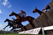 18 March 2022; Minella Indo, with Robbie Power up, centre, jumps the last first time round during the Boodles Cheltenham Gold Cup Chase during day four of the Cheltenham Racing Festival at Prestbury Park in Cheltenham, England. Photo by David Fitzgerald/Sportsfile