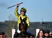 18 March 2022; Jockey Patrick Mullins celebrates on Billaway after winning the St James's Place Festival Challenge Cup Open Hunters' Chase during day four of the Cheltenham Racing Festival at Prestbury Park in Cheltenham, England. Photo by David Fitzgerald/Sportsfile