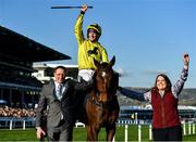 18 March 2022; Jockey Patrick Mullins celebrates on Billaway after winning the St James's Place Festival Challenge Cup Open Hunters' Chase during day four of the Cheltenham Racing Festival at Prestbury Park in Cheltenham, England. Photo by Seb Daly/Sportsfile