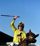 18 March 2022; Jockey Patrick Mullins celebrates on Billaway after winning the St James's Place Festival Challenge Cup Open Hunters' Chase during day four of the Cheltenham Racing Festival at Prestbury Park in Cheltenham, England. Photo by Seb Daly/Sportsfile