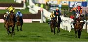 18 March 2022; Billaway, left, with Patrick Mullins up, on their way to winning the St James's Place Festival Challenge Cup Open Hunters' Chase from eventual second Winged Leader, with Mr Barry O'Neill up, right, during day four of the Cheltenham Racing Festival at Prestbury Park in Cheltenham, England. Photo by Seb Daly/Sportsfile