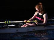 18 March 2022; Trinity team member Elizabeth Dorr, stroke, competing against UCD in the Sally Moorhead Trophy during the Annual Colours Boat Races between UCD and Trinity on the River Liffey in Dublin. Photo by Piaras Ó Mídheach/Sportsfile