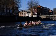 18 March 2022; The Trinity team, from left, Roisin Fox, cox, Elizabeth Dorr, stroke, Jane Prendergast, Imogen Cooney, Rachel Alexander, Elizabeth Moeser, Maria Mezquita García-Poggio, Ellen Trenaman and Rose Davey, bow, competing against UCD in the Sally Moorhead Trophy during the Annual Colours Boat Races between UCD and Trinity on the River Liffey in Dublin. Photo by Piaras Ó Mídheach/Sportsfile