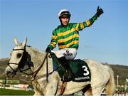 18 March 2022; Jockey Mark Walsh celebrates after riding Elimay to victory in the Mrs Paddy Power Mares' Chase during day four of the Cheltenham Racing Festival at Prestbury Park in Cheltenham, England. Photo by Seb Daly/Sportsfile
